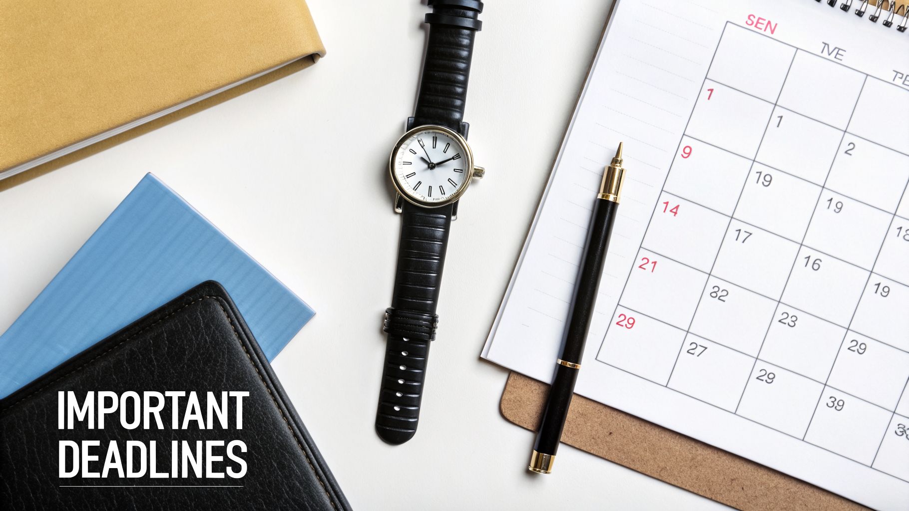 Overhead shot of desk items including a calendar, watch, pen, and notebooks with 'IMPORTANT DEADLINES' text.