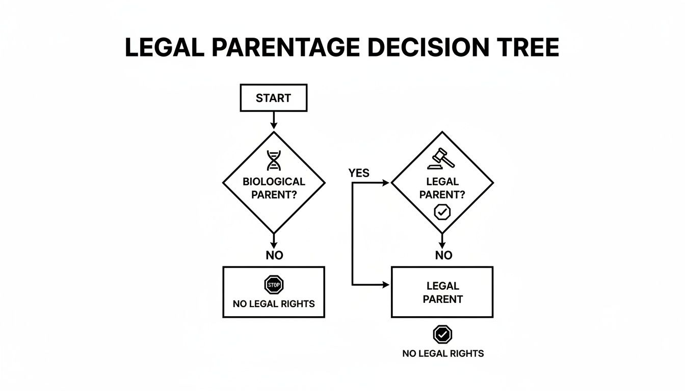 A flowchart titled 'Legal Parentage Decision Tree' outlining steps to determine legal parentage based on biological and legal status.