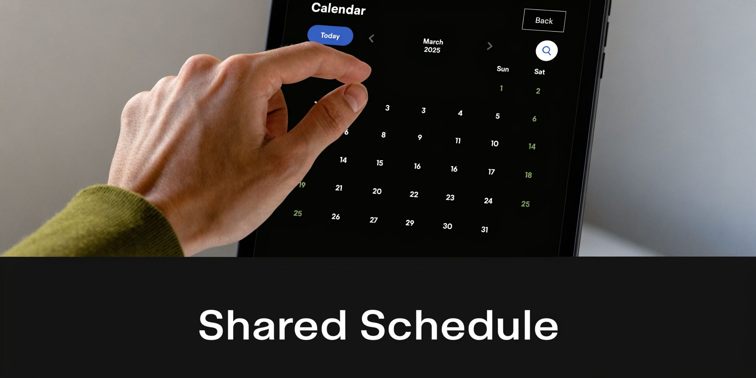 A close-up view of a person's hand interacting with a digital calendar interface on a tablet screen.