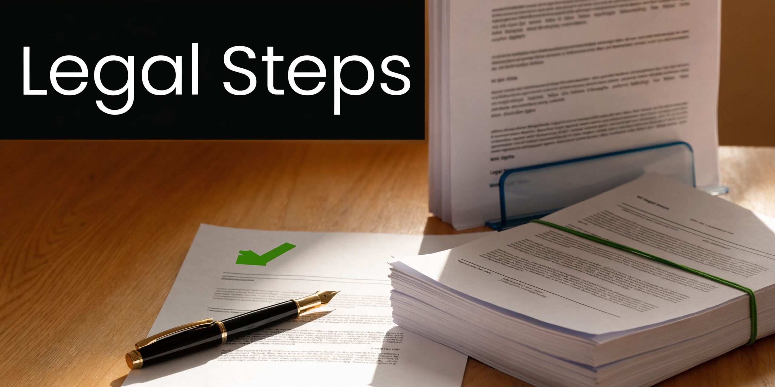 A professional desk setting featuring stacks of legal documents, a fountain pen, and a green checkmark icon.