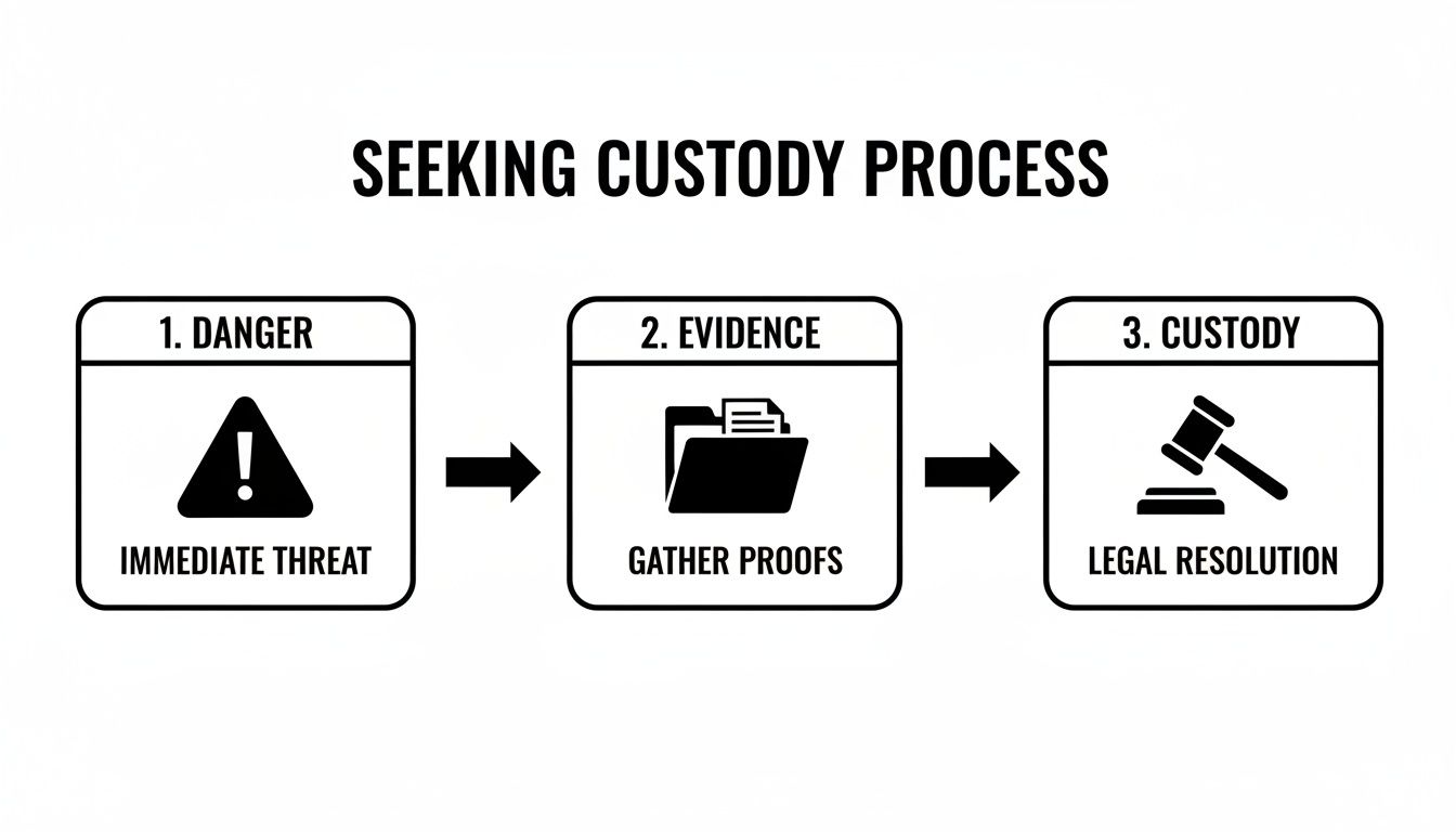 Flowchart outlining the seeking custody process: immediate threat, evidence gathering, and legal resolution.