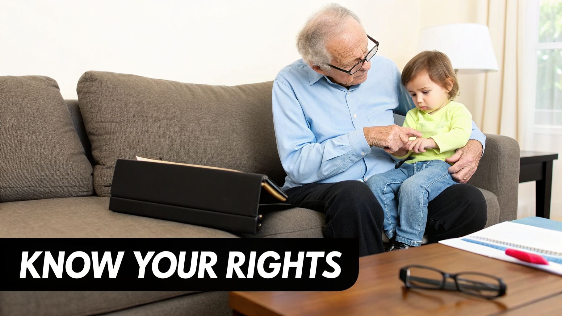 An elderly man with glasses holding a toddler on a sofa, with 'Know Your Rights' text.