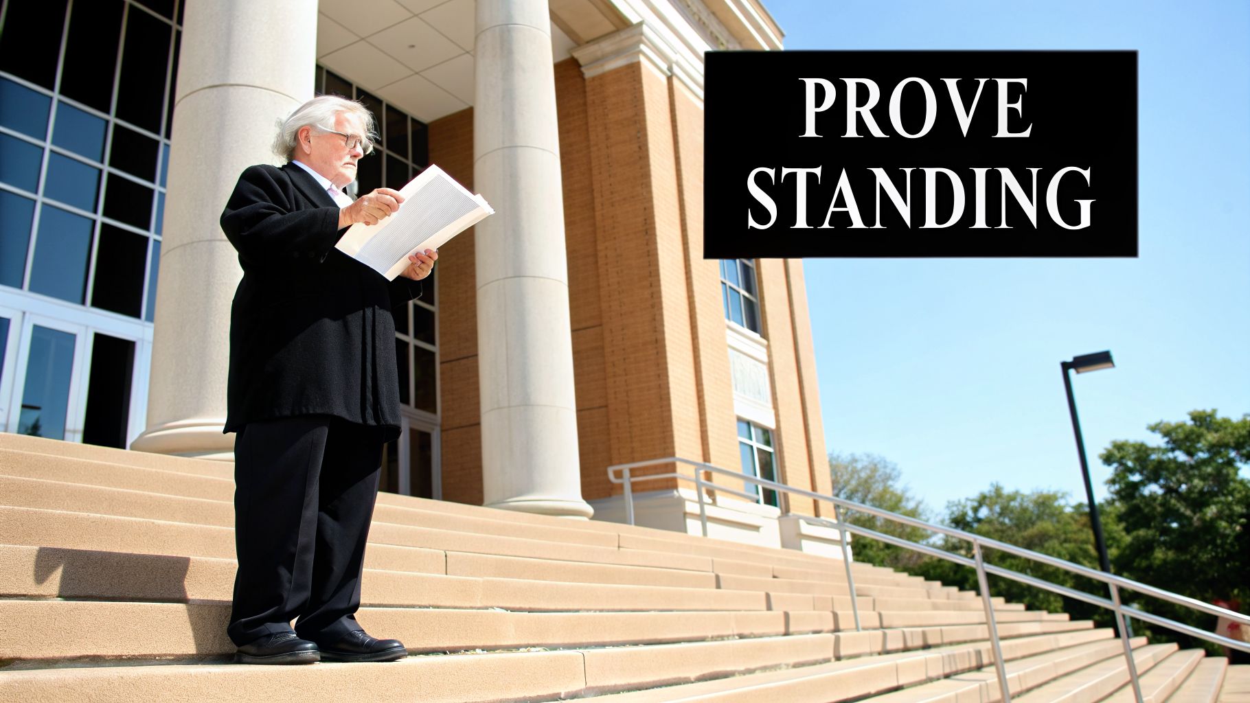 An elderly man in a suit stands on courthouse steps, reading legal documents with “PROVE STANDING” text.