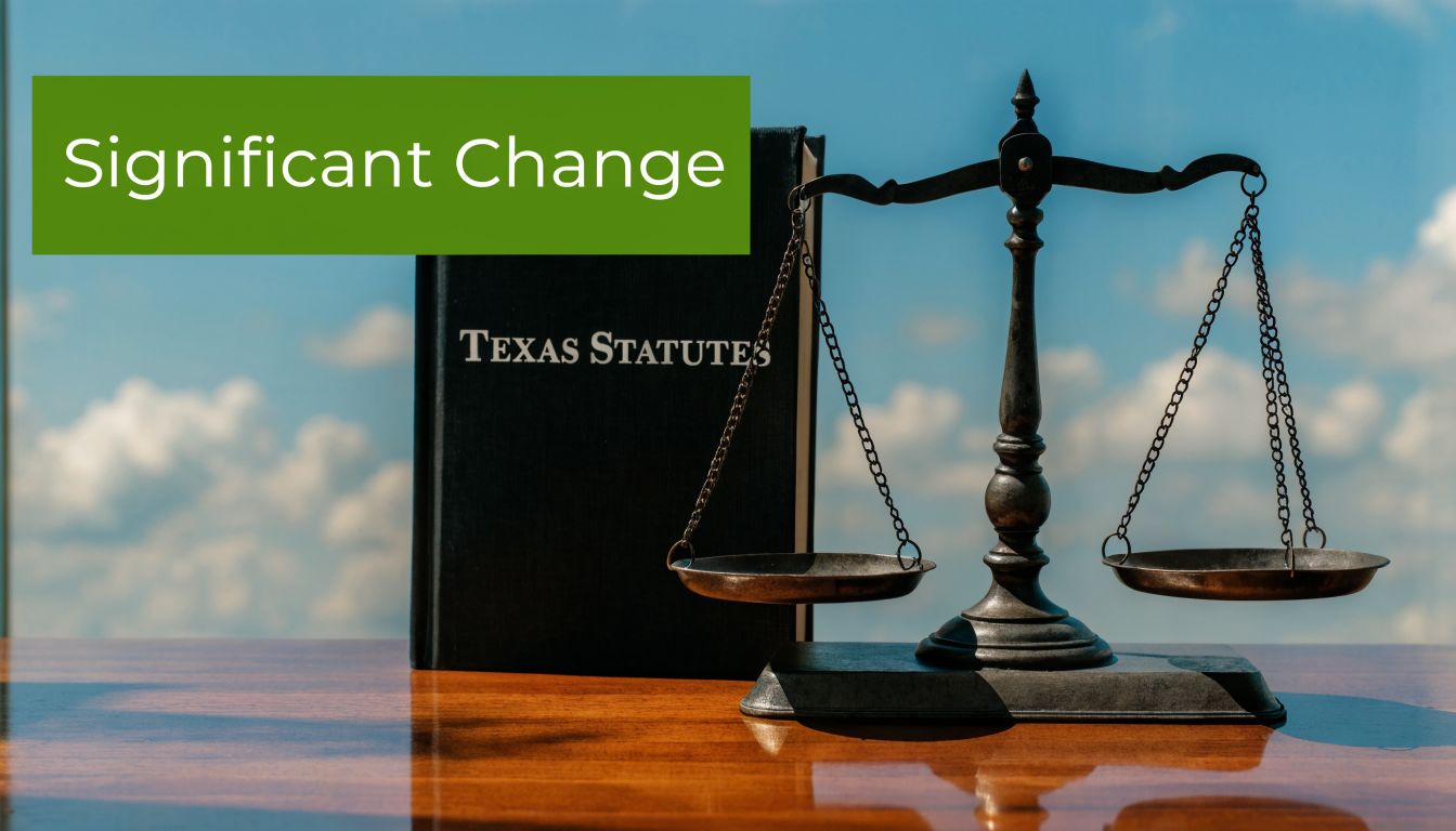 A law book titled Texas Statutes and a vintage brass scale on a wooden table.