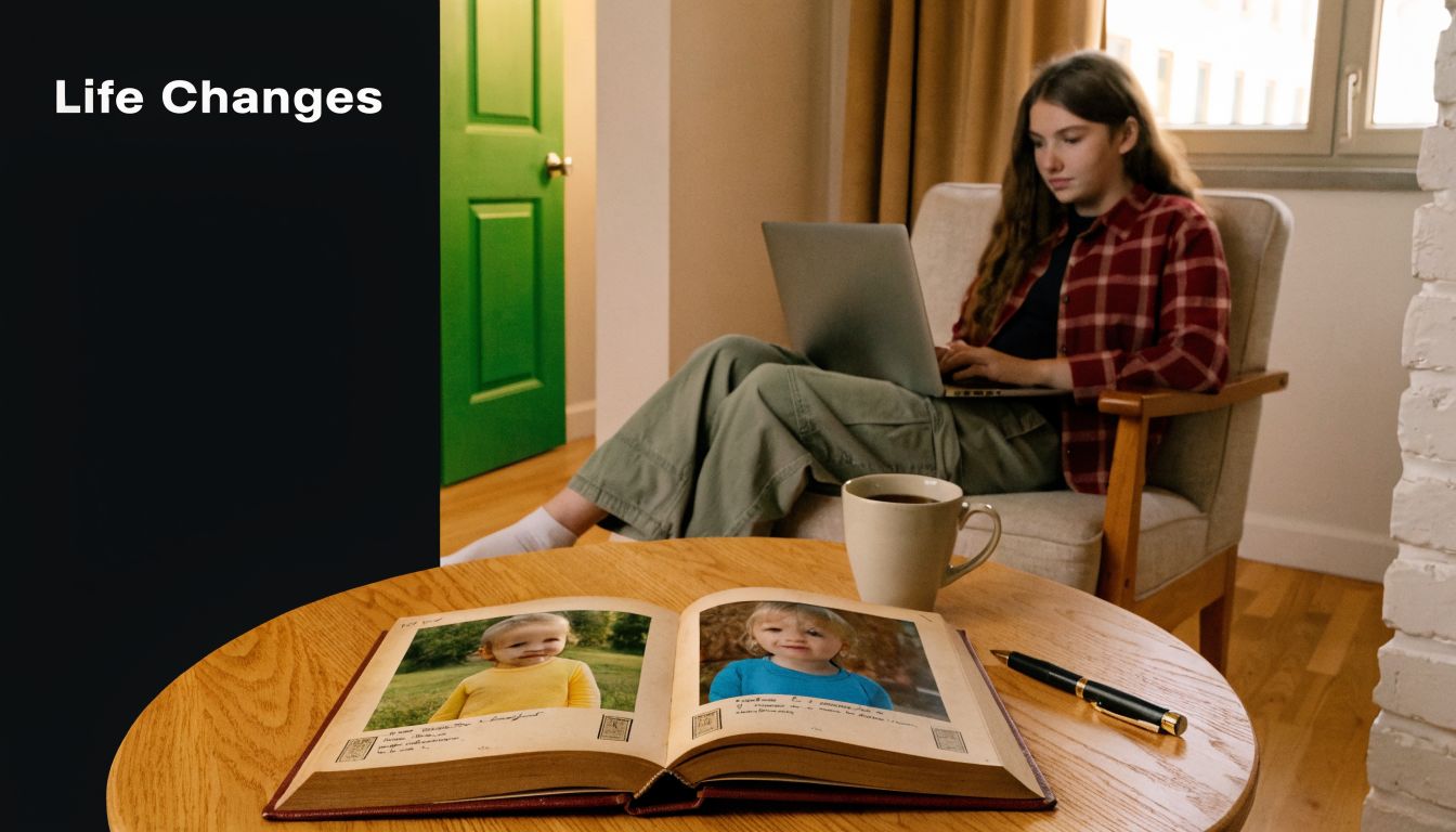 A young woman sitting in an armchair with a laptop while a photo album rests on the table.