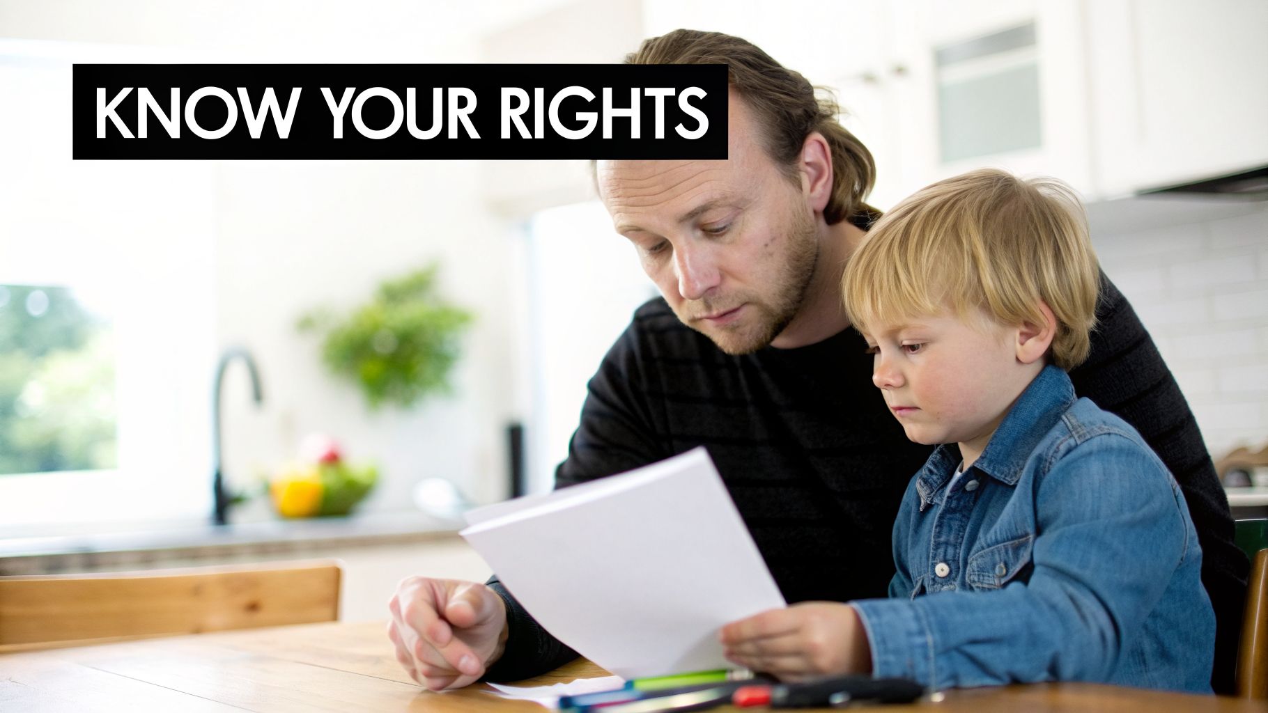 A father and son read papers together at a table, with 'KNOW YOUR RIGHTS' overlay.