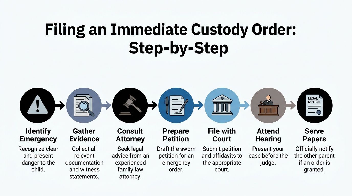 A step-by-step flowchart infographic illustrating the process of filing for an immediate custody order in court.
