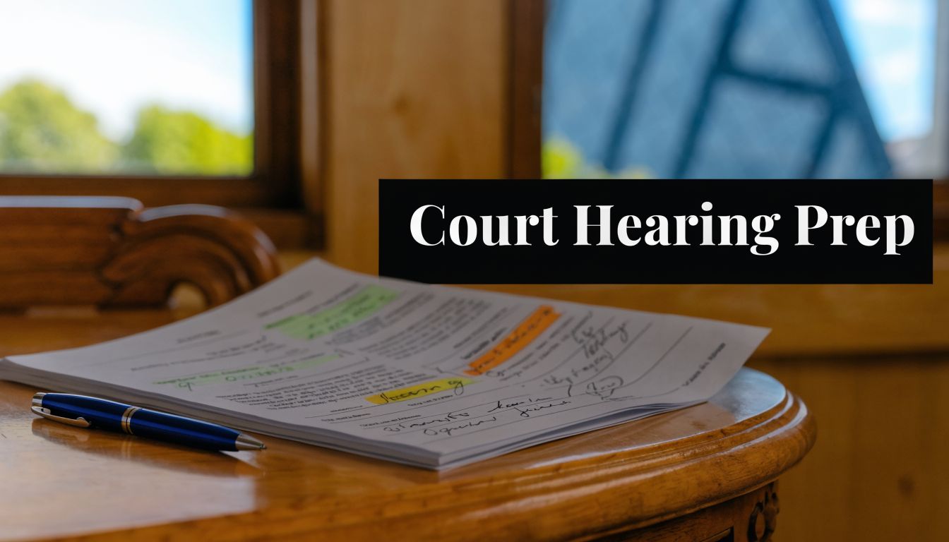 A stack of legal documents with handwritten notes and a blue pen sitting on a wooden table.