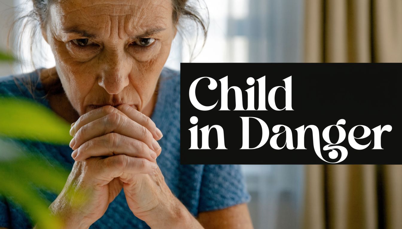A concerned older woman with clasped hands looking worried about a child in danger.