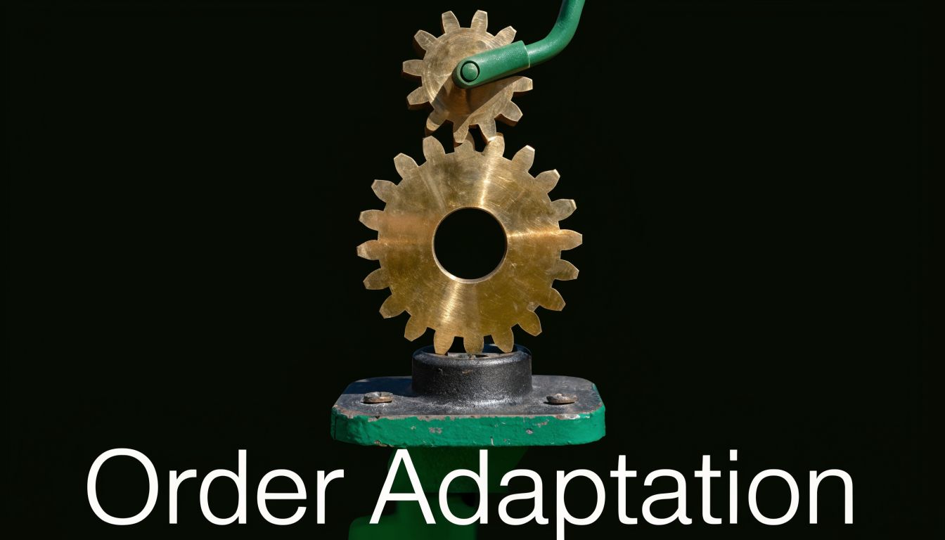 Two brass gears meshed together on a green industrial mechanism against a solid black background.