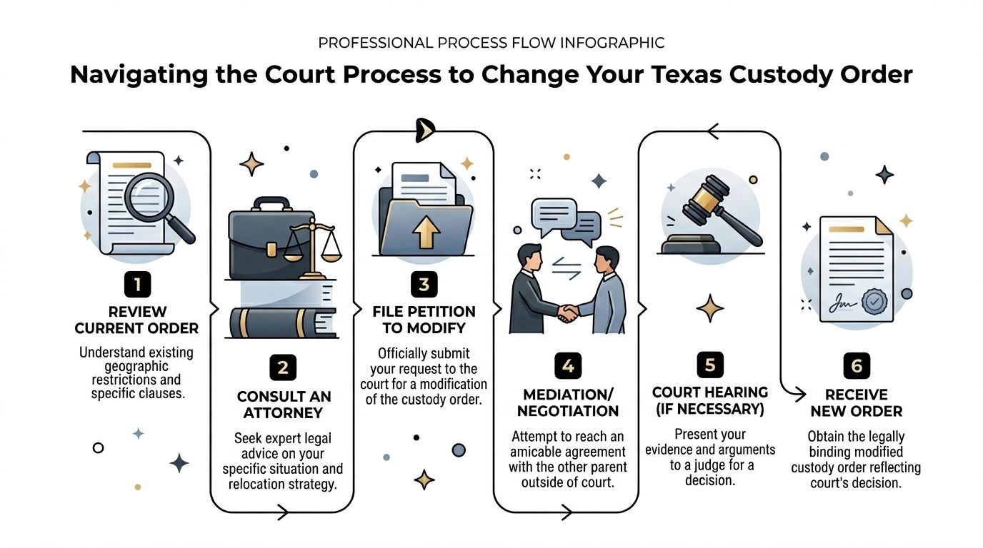 A professional flow chart detailing the six steps to modify a Texas child custody court order.