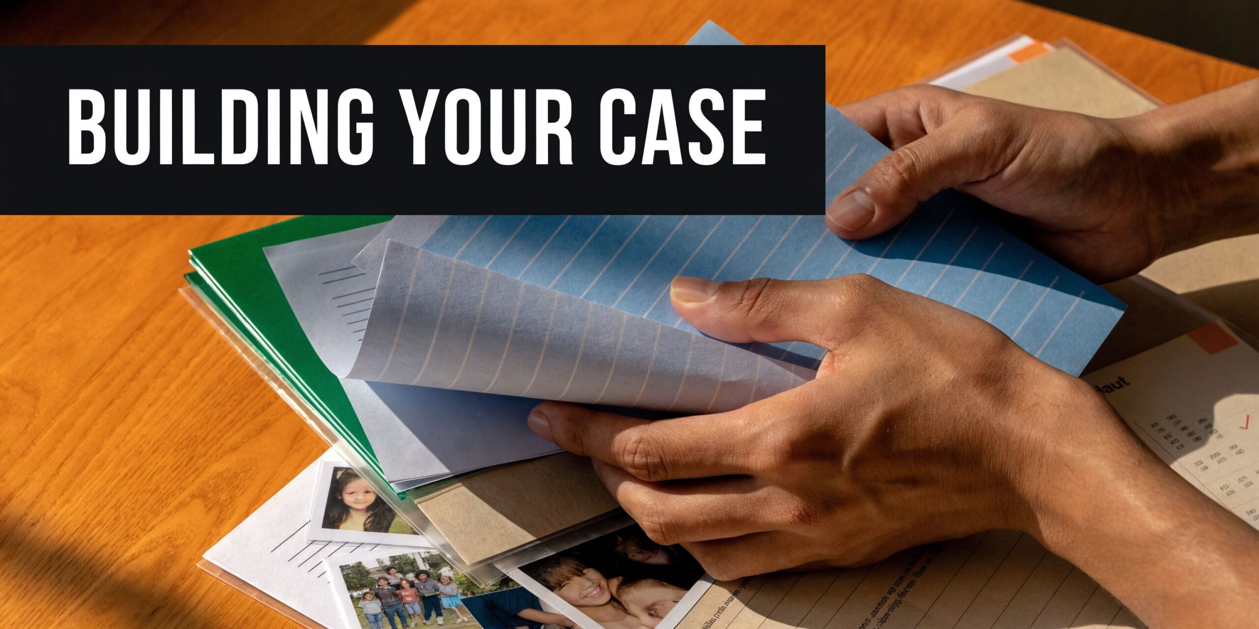 A person organizing legal documents and family photographs on a wooden desk while building their case.