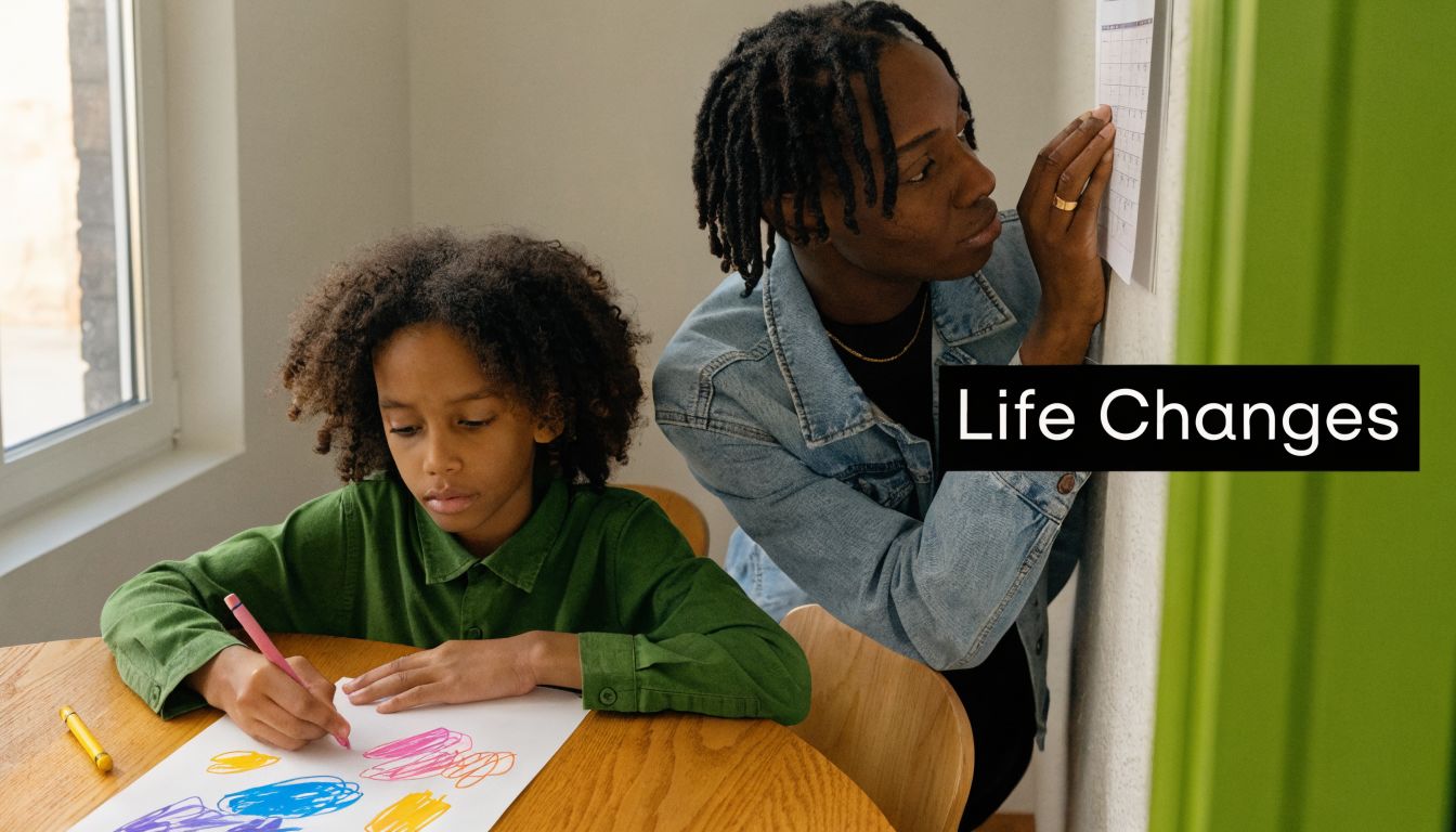 A person helping a young child with schoolwork while they draw at a wooden table together.