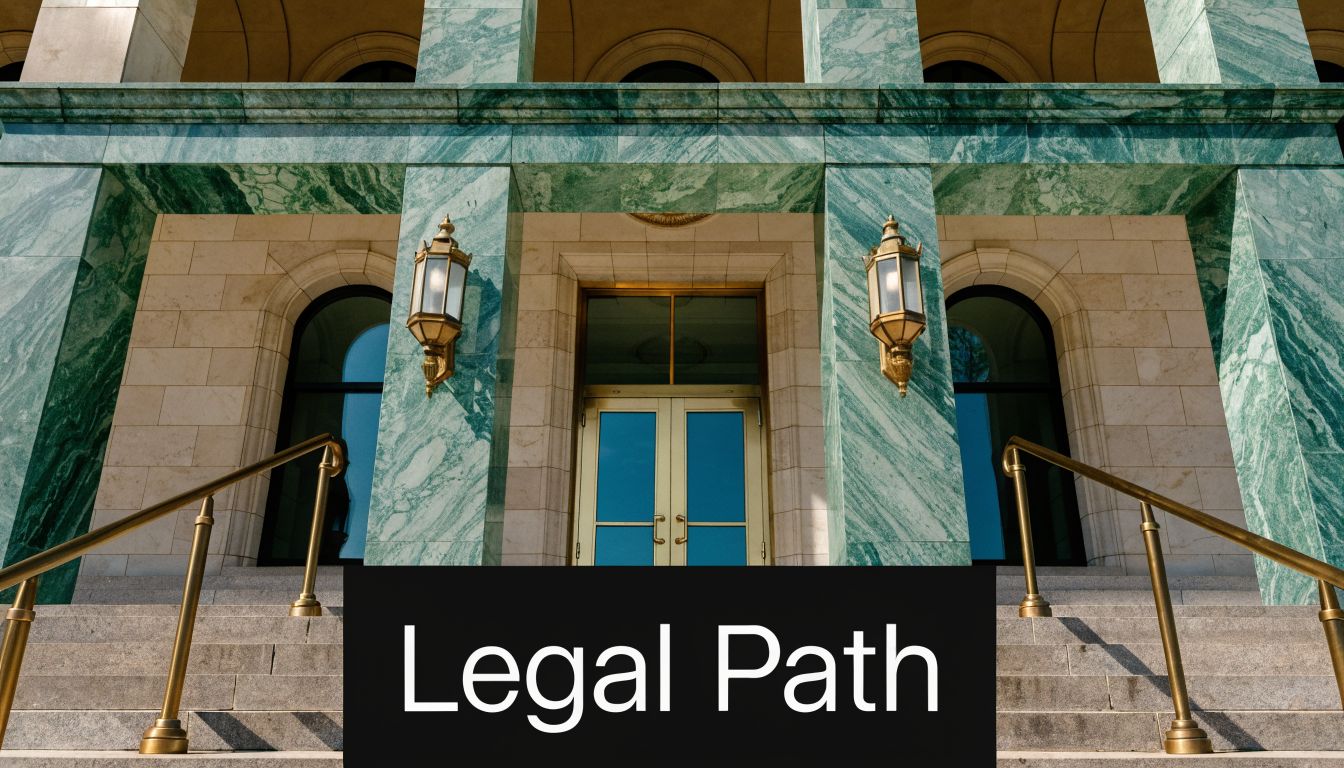 A wide entrance to a grand government building with stone stairs, marble pillars, and golden lanterns.