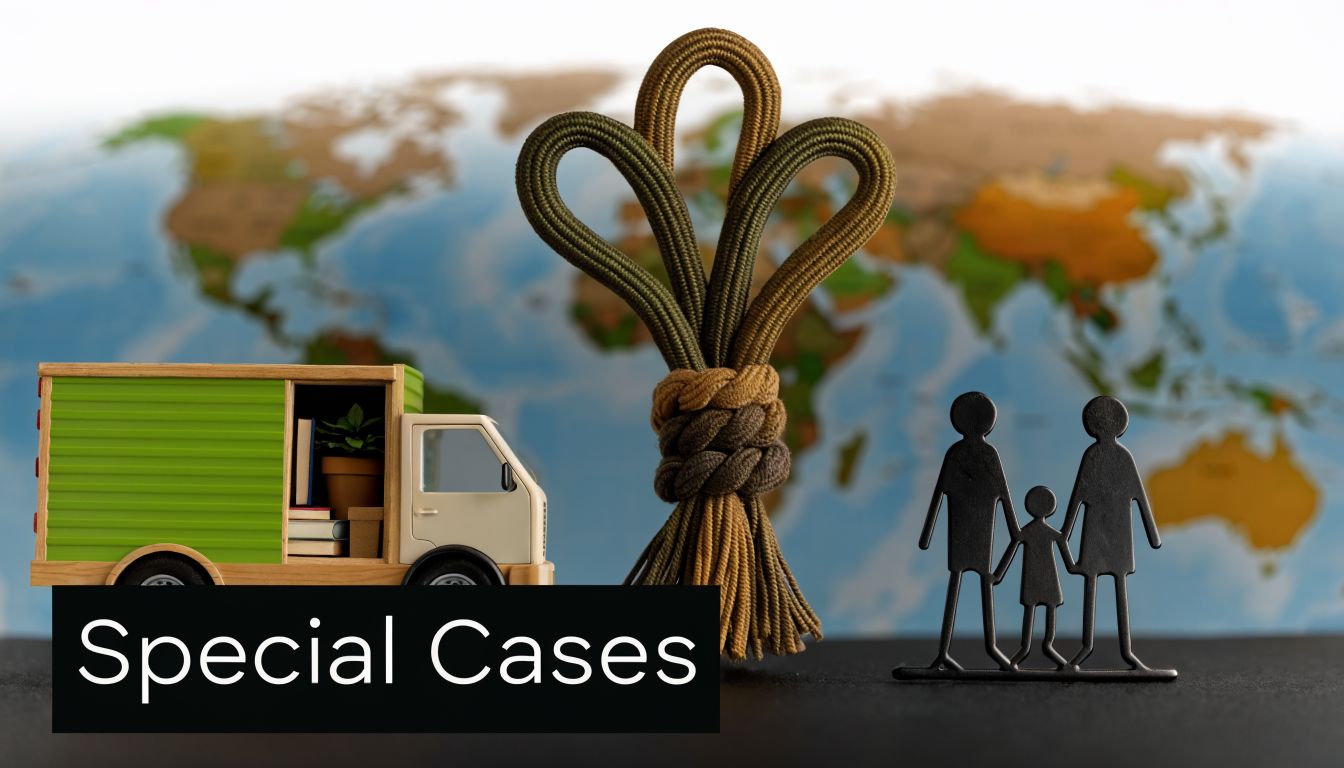 A moving truck, a decorative rope knot, and a family silhouette figurine against a world map background.