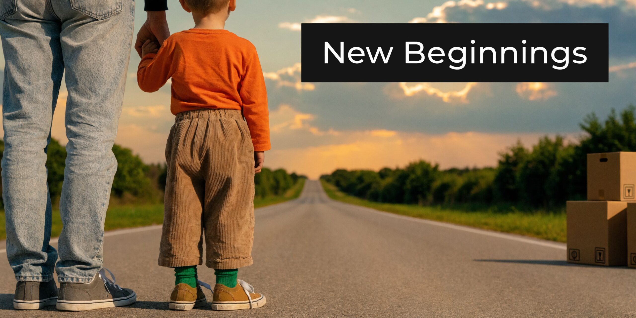 A parent holding hands with a young child standing on an empty road with moving boxes nearby.