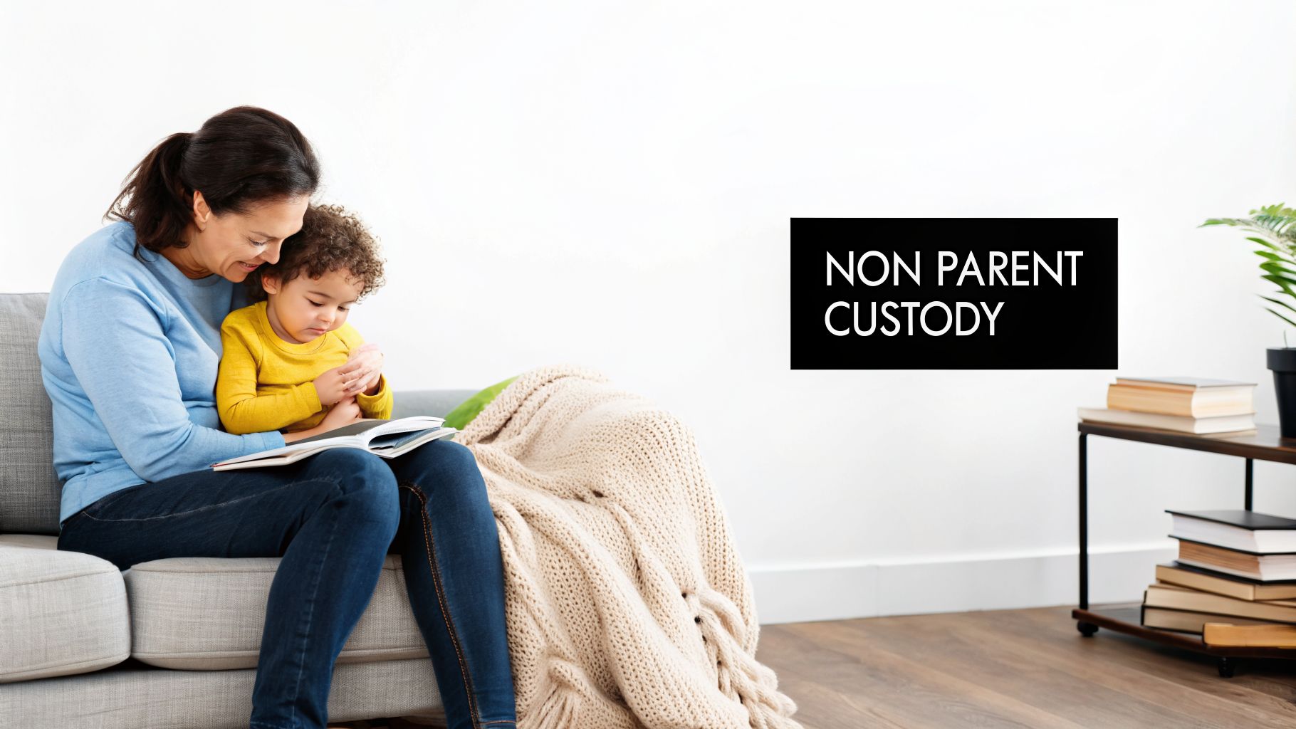 A caregiver and a young child read a book together on a couch, symbolizing non-parent custody.