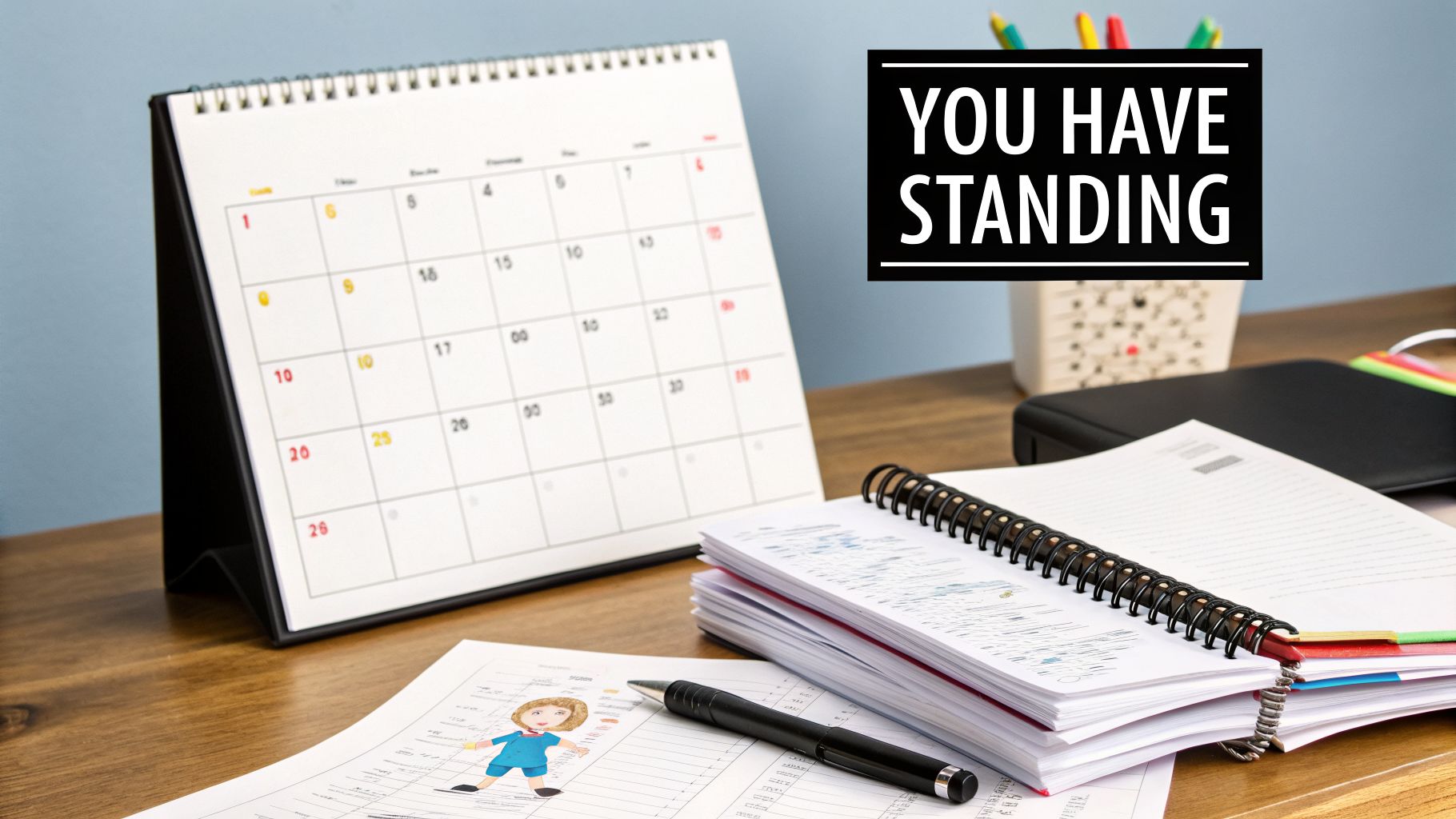 An office desk scene featuring a calendar, open notebook, pen, and a prominent text overlay: 'YOU HAVE STANDING'.
