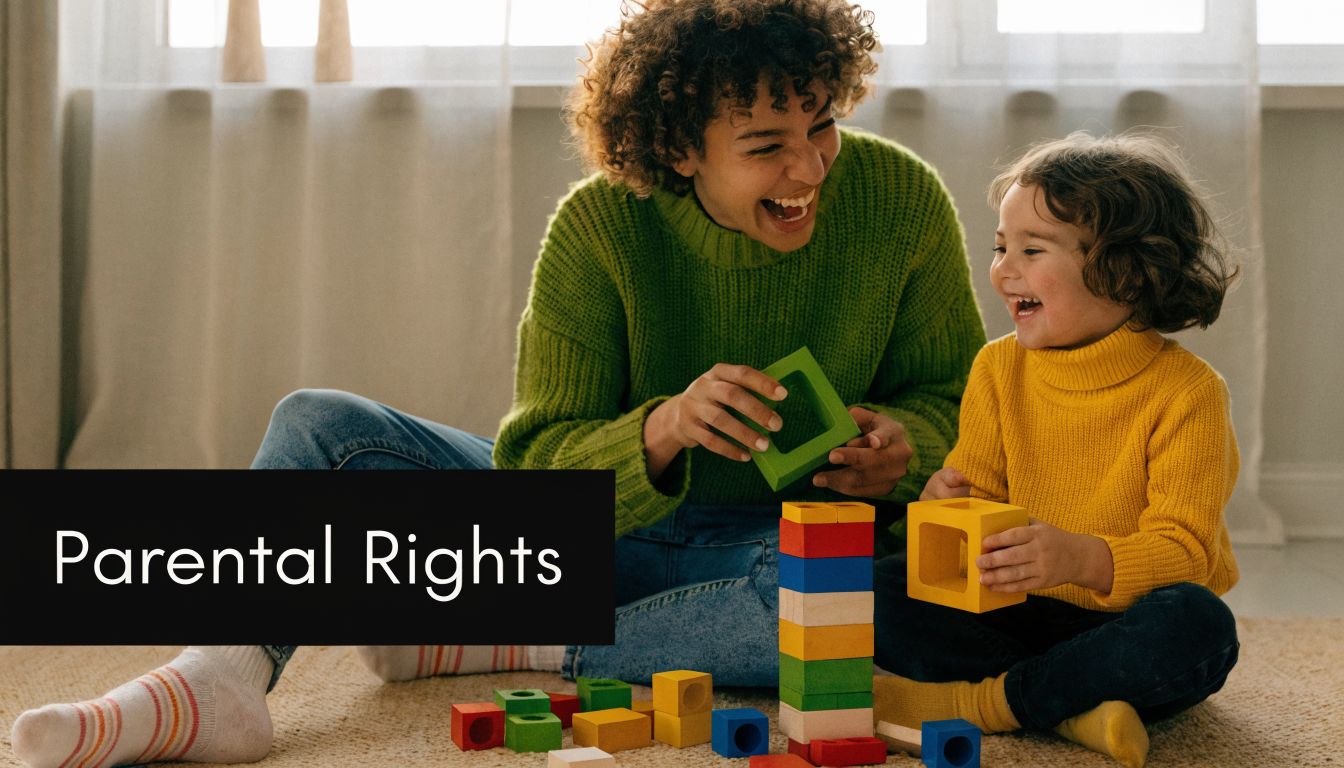 A happy mother playing with building blocks alongside her young child on a rug.