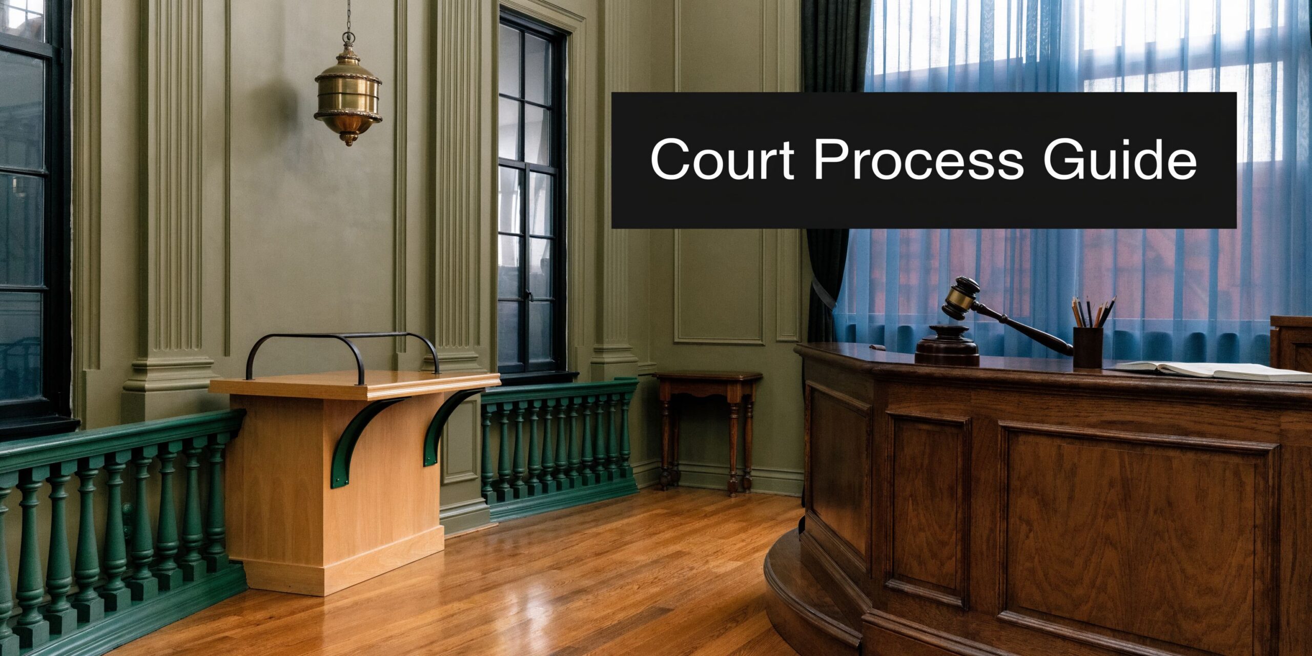 An empty courtroom featuring a witness stand, a judge's bench with a gavel, and elegant paneled walls.