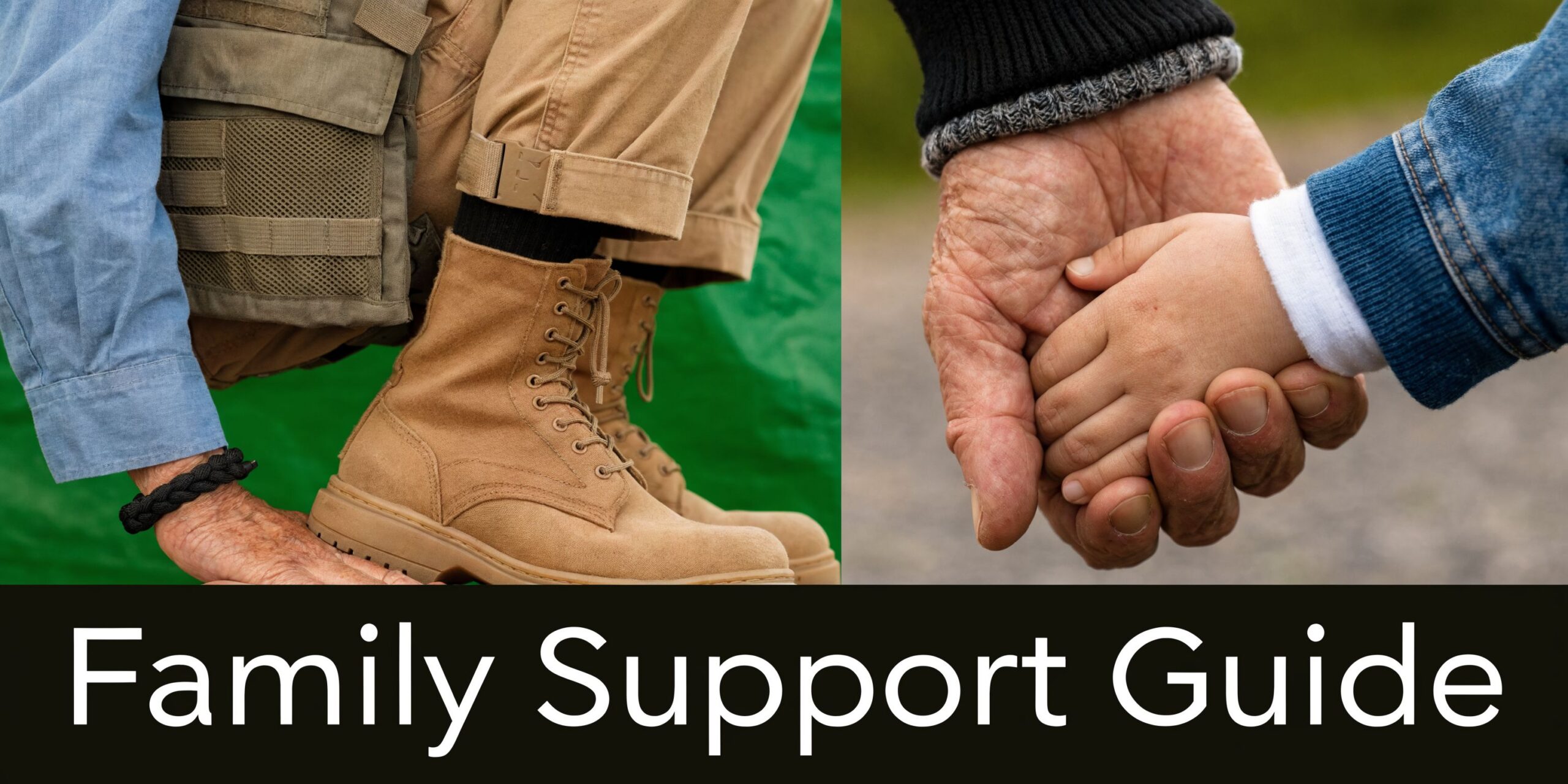 A split image showing a person in military clothing and an elderly hand holding a child's hand.