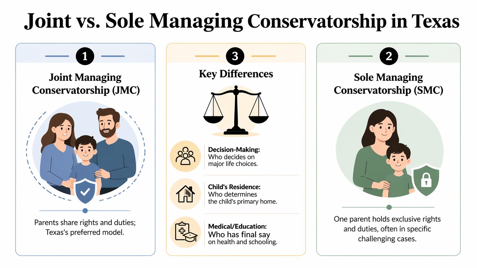 A comparison infographic between Joint Managing Conservatorship and Sole Managing Conservatorship in Texas law for parents.