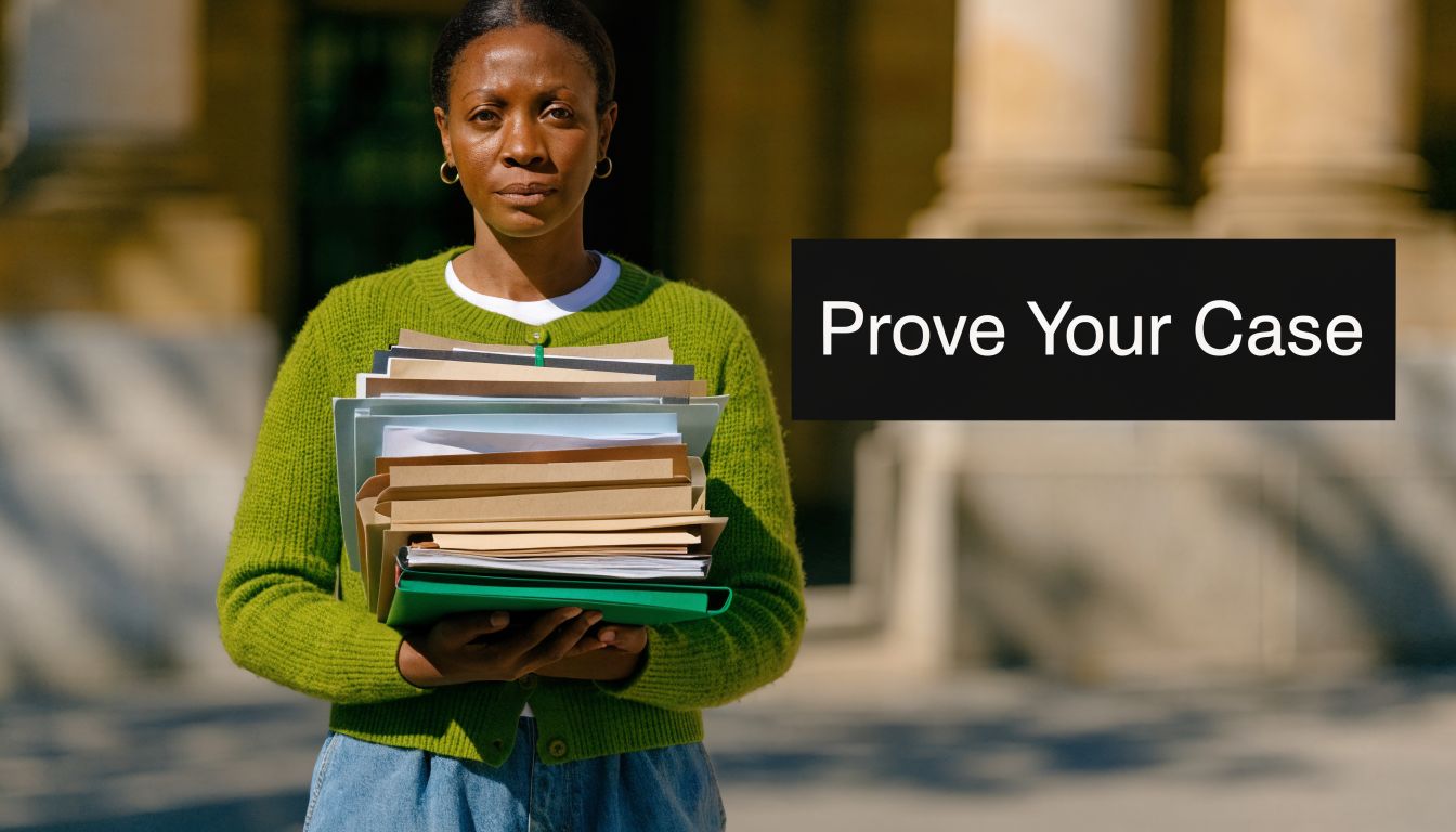 A woman in a green cardigan holding a large stack of legal files in front of a building.