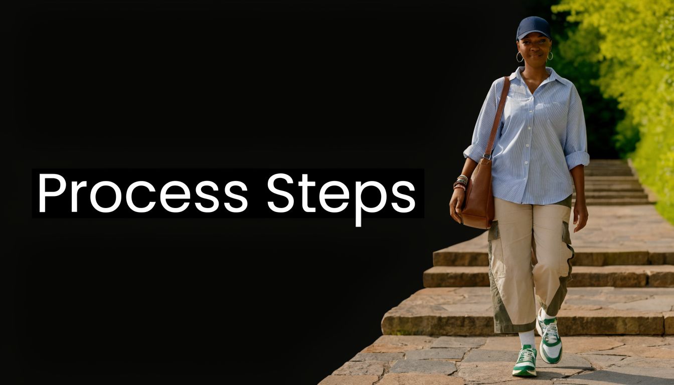 A woman wearing a baseball cap and casual clothing walking down stone stairs in a park.