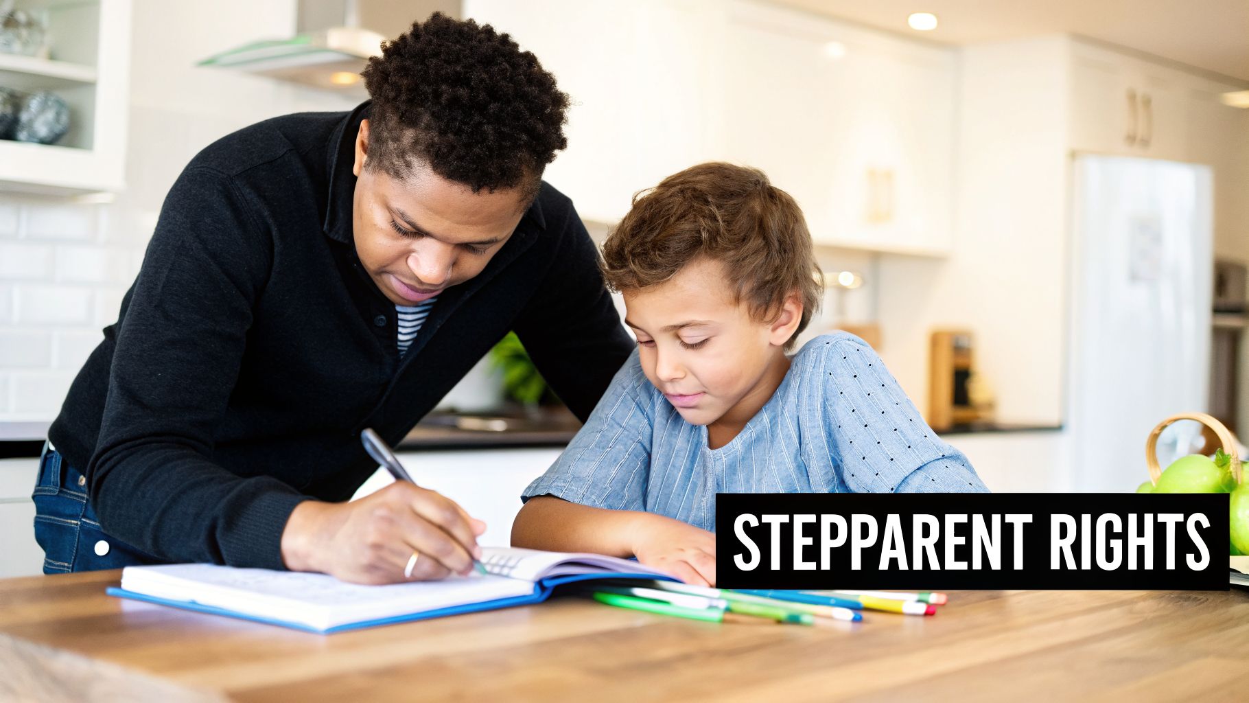 A man and a boy doing homework together at a kitchen table with colored pencils.