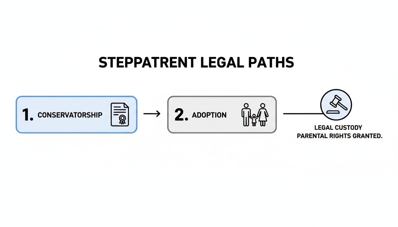 Flowchart showing stepparent legal paths from conservatorship to adoption, granting legal custody and parental rights.