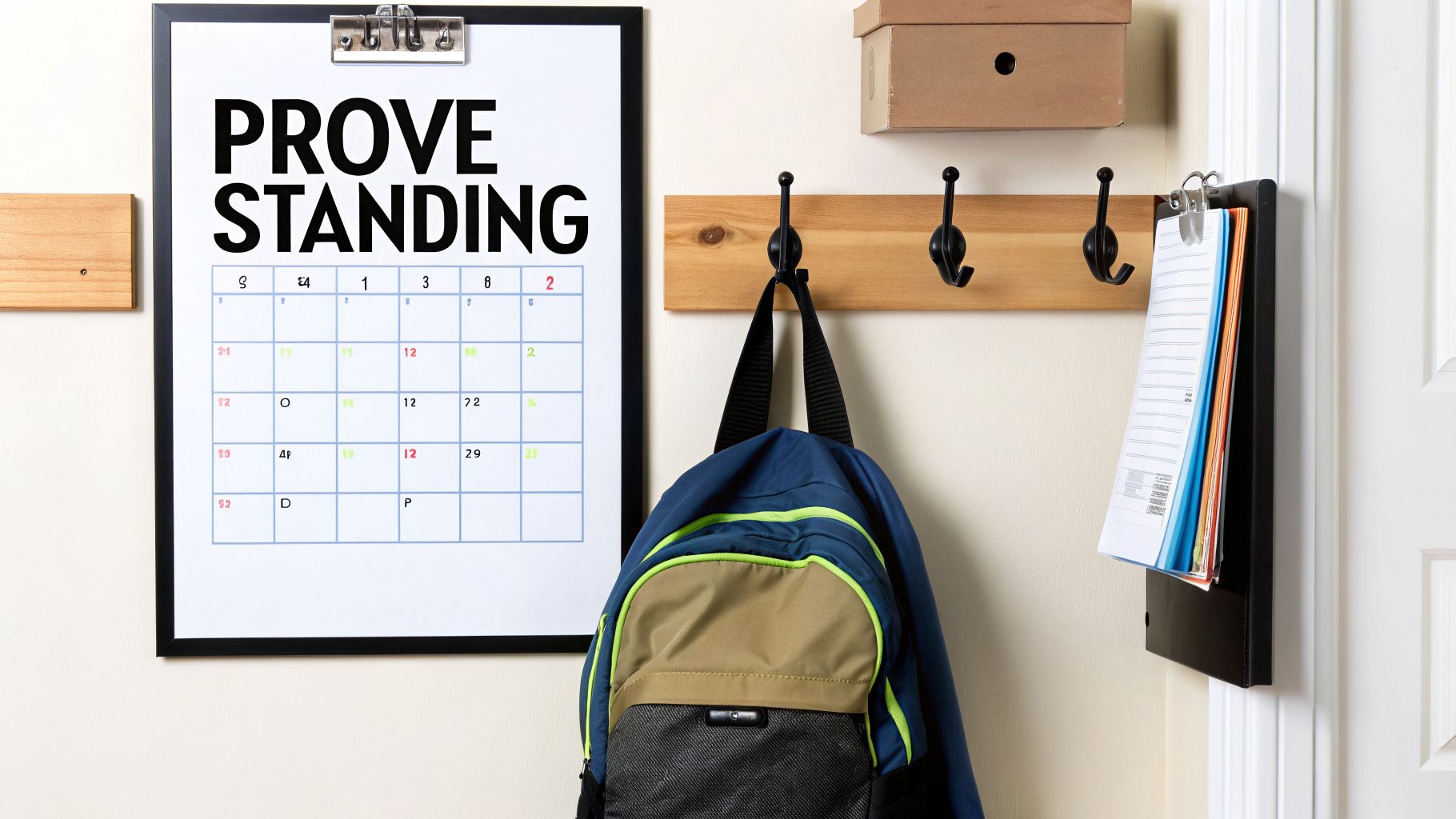 An organized wall features a "PROVE STANDING" calendar, a backpack on a hook rack, and a file holder.