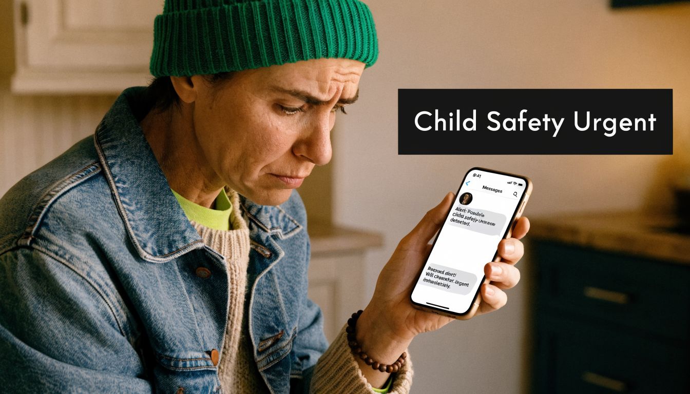 A concerned woman checking her smartphone for an urgent alert regarding child safety and custody matters.