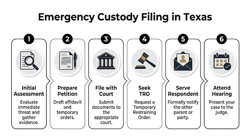 A six-step infographic detailing the process for filing an emergency custody order in Texas, shown sequentially.