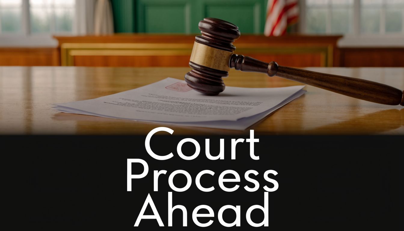 A wooden judge's gavel resting on a legal document on a courtroom desk with text overlay