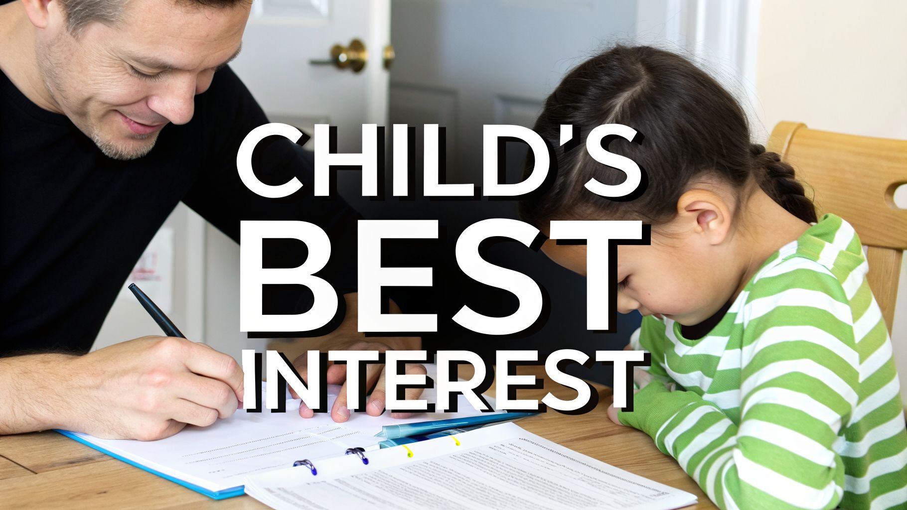 A man signing legal papers at a table, with a child nearby, text says 'CHILD'S BEST INTEREST'.