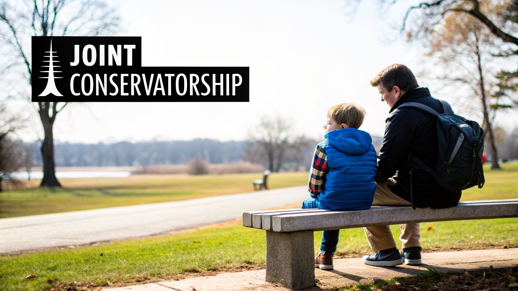 A father and son sit on a park bench outdoors, with a 'Joint Conservatorship' logo.