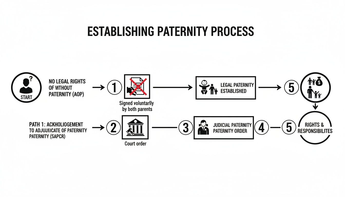 Flowchart detailing the establishing paternity process, outlining two paths leading to legal rights and responsibilities.