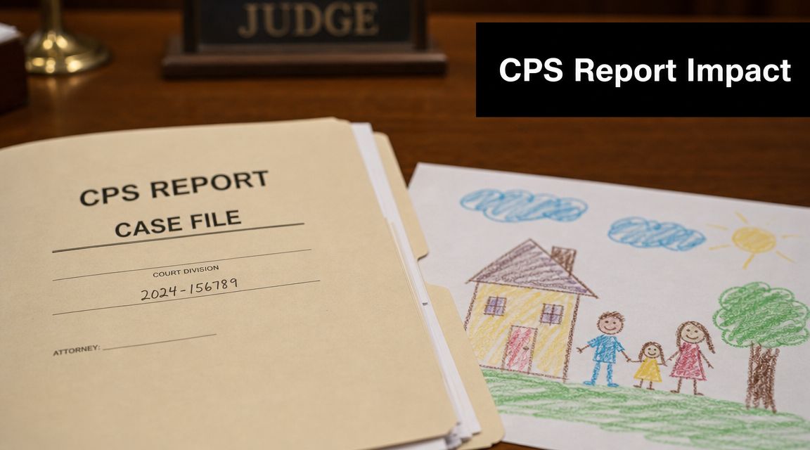 A CPS case file folder sits on a wooden desk next to a child's drawing of a family.