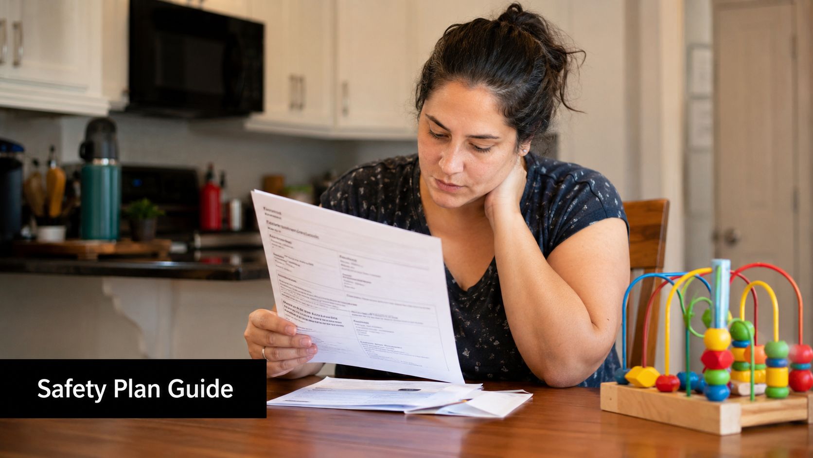 A worried woman sitting at a table reviewing a safety plan document in her kitchen.
