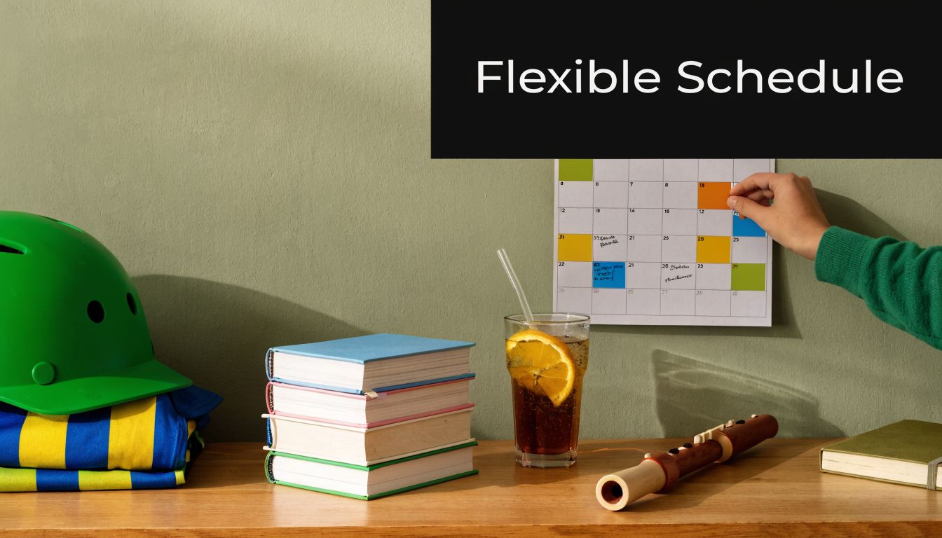 A hand adjusts a calendar on a wall above a desk with books, a drink, and a flute.