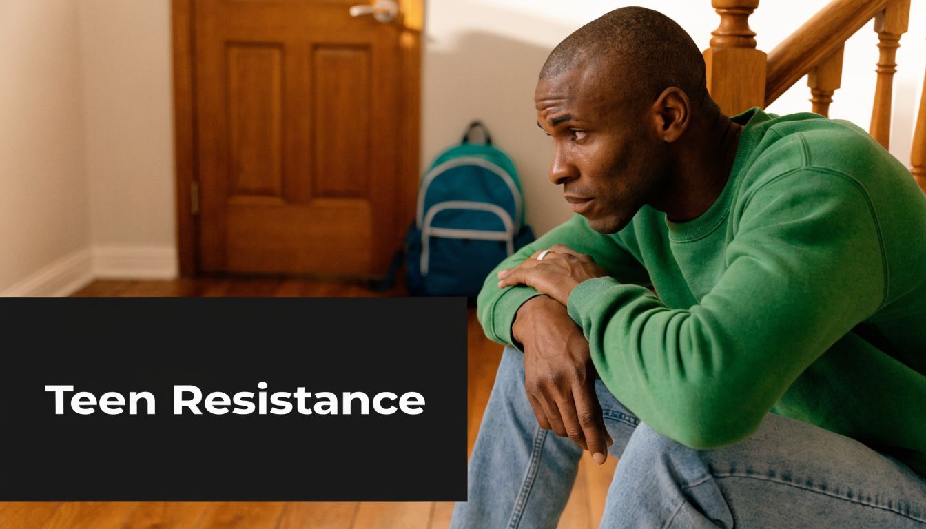 A concerned Black man sitting on stairs, reflecting on the challenges of parenting a resistant teenager.