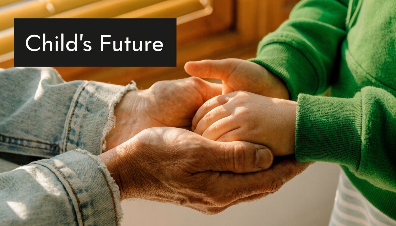 An elderly person holding the hand of a young child representing family and long-term future support.