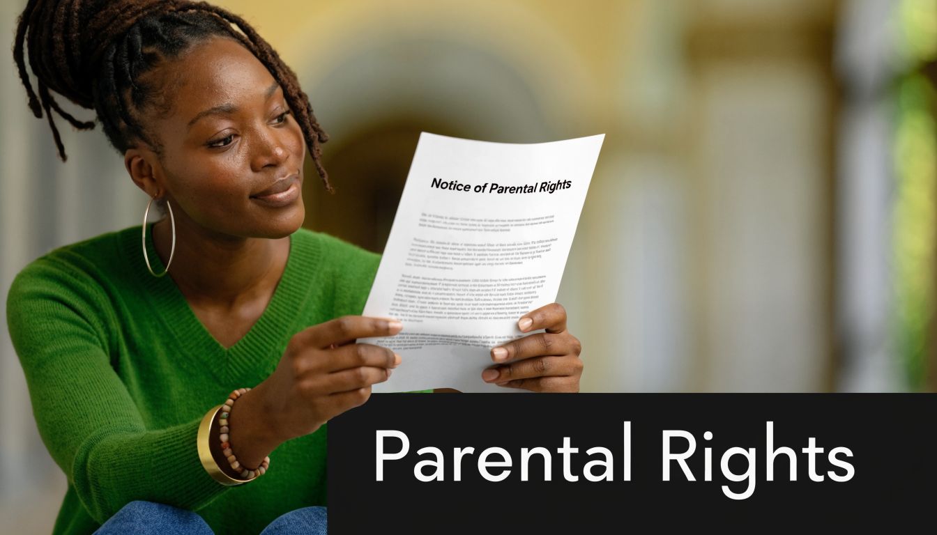 A woman with dreadlocks holds a document titled Notice of Parental Rights in a bright room.
