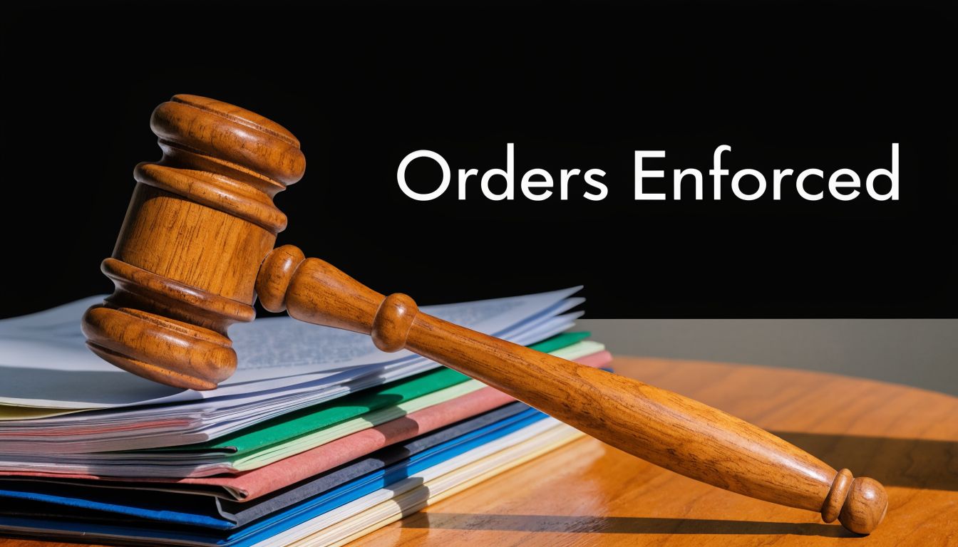 A wooden judge's gavel resting on a stack of legal documents with the words Orders Enforced displayed above.
