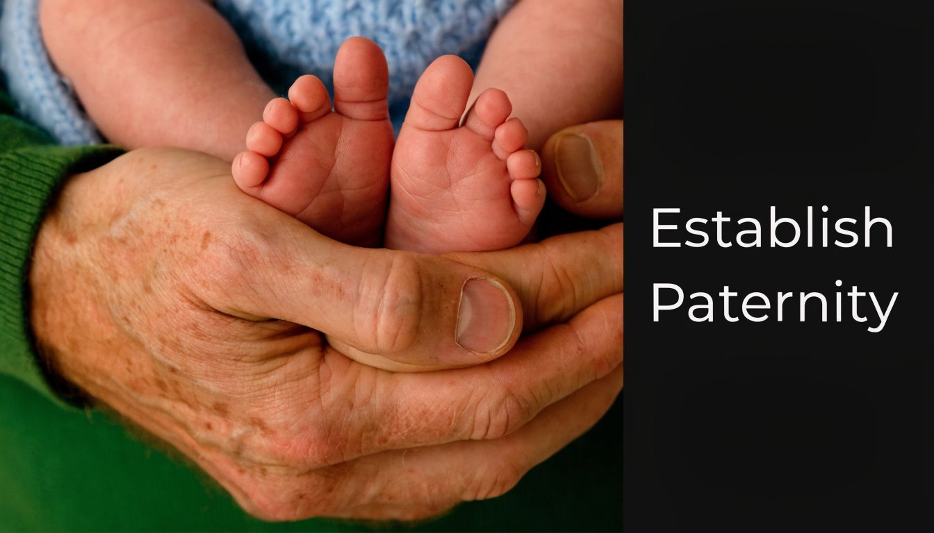 An elderly person holding a newborn baby's feet in their hands, symbolizing family support and legal connection.