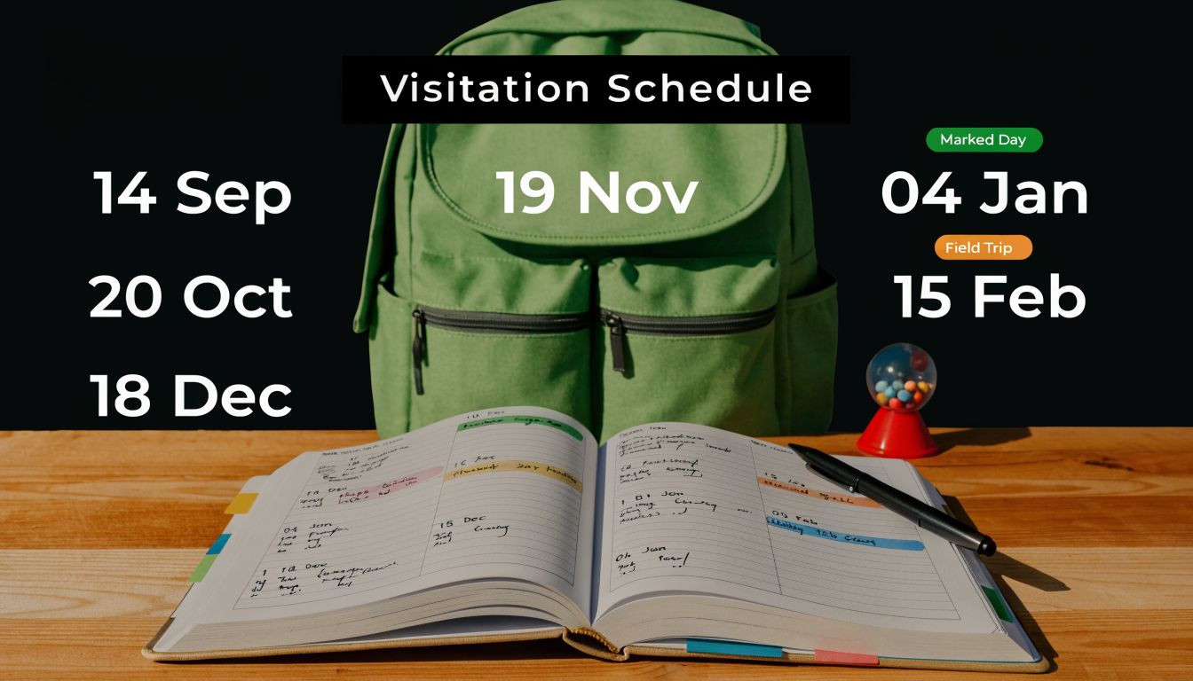 A visitation schedule displayed on a table with a backpack, a planner, and a small gumball machine.