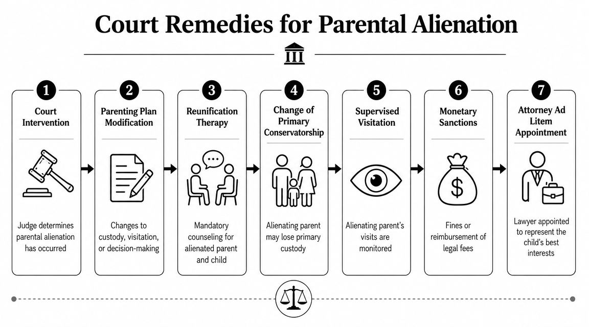A flowchart infographic detailing seven legal remedies used by courts to address cases of parental alienation.