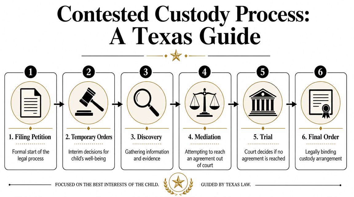 A six-step infographic detailing the stages of a contested child custody legal process in Texas.