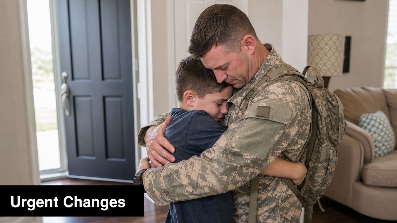 A soldier in uniform reunites with and embraces his young son inside a home doorway.