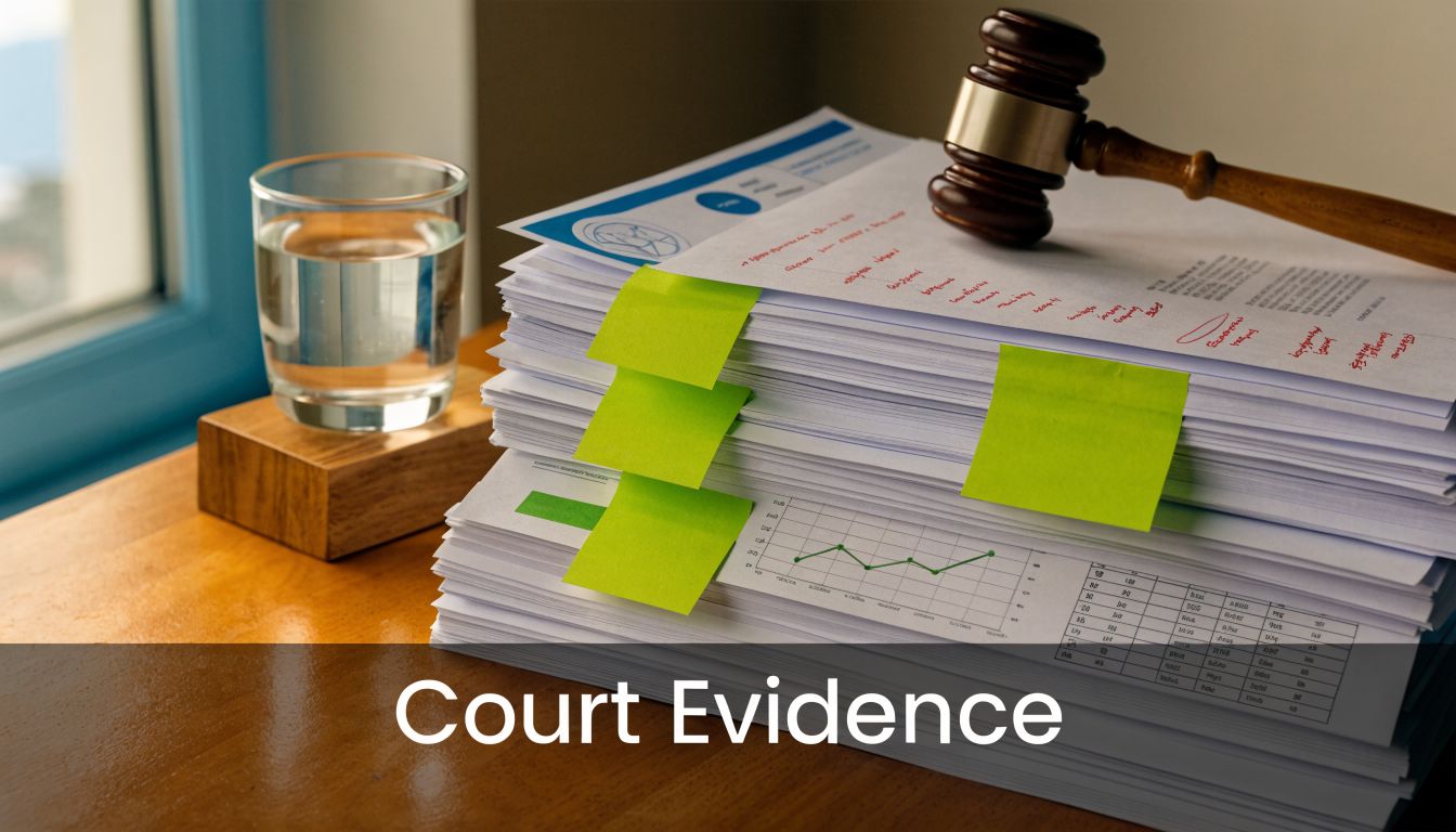 A gavel resting on a stack of legal documents with green sticky notes on a wooden table.